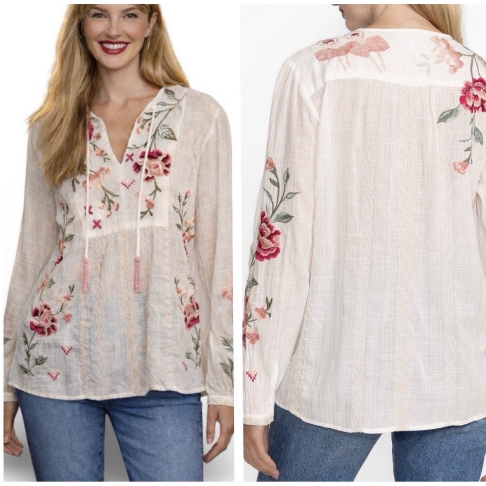 Johnny Was Erinn Ballerina Prairie Blouse Womens L White Embroidered Boho Tunic